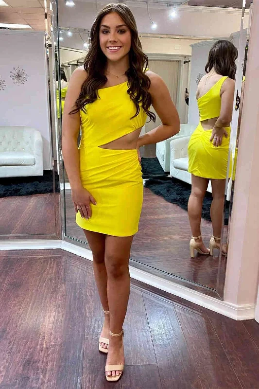 Clearance Sale Online One Shoulder Yellow Side Cutout Mini Dress