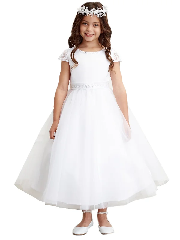 Women Clothes Little Girls White Cape Sleeve Pearl Waist Communion Dress 2-6