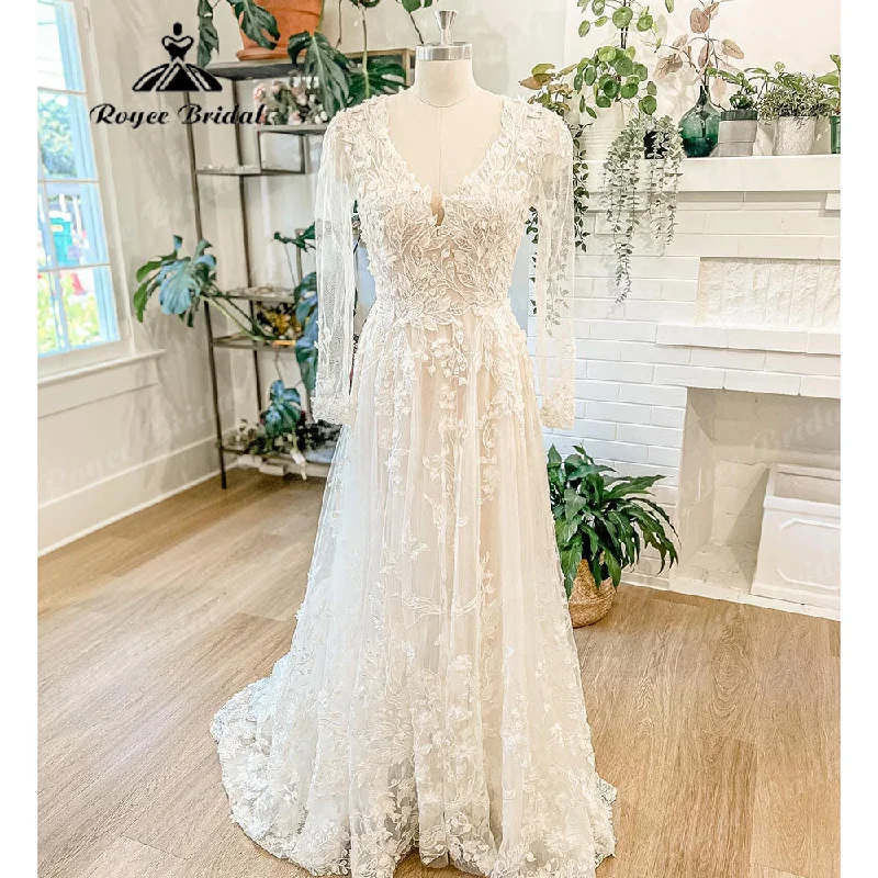 Women’s Trendy Outfits Roycebridal Luxury Long Sleeve Lace Floral Wedding Dress with V Neck 2025 Appliques Boho Bridal Gown Women vestido de novia para boda civil