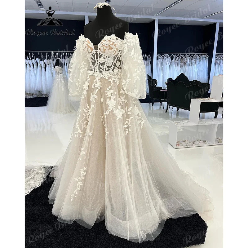 Women’s Evening Wear for Special Occasions Roycebridal Lace Appliques Princess Off Shoulder Long Puff Sleeve Wedding Dress for Women Sweetheart Neckline hochzeitskleid Roycebridal