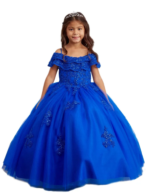 Online Boutiques Affordable Little Girls Royal Blue Double Layer Lace Overlay Off Shoulder Pageant Dress 2-6