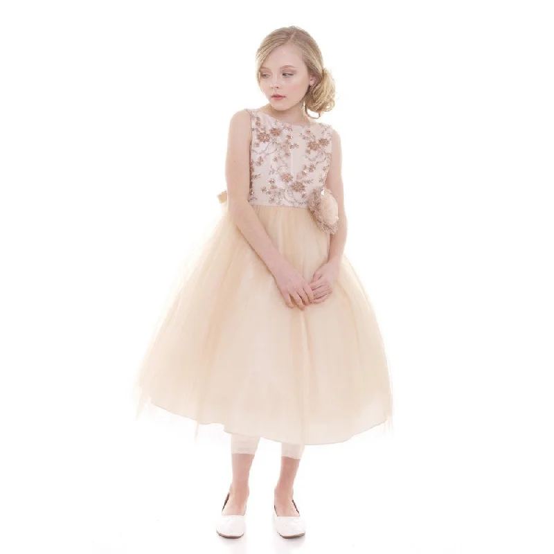 Trendy Women's Wear Collection Little Girls Champagne Embroidery Luxurious Flower Girl Dress 2-6