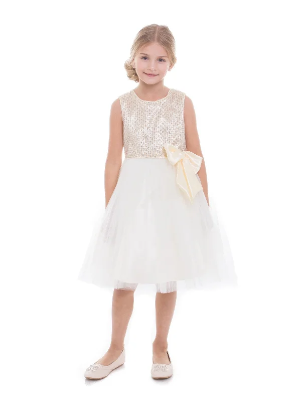 Comfort Centric Apparel Little Girls Ivory Sequin Charmeuse Bow Flower Girl Dress 2-6