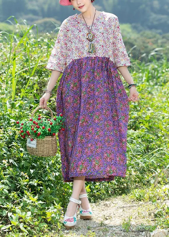 Sale Clearance Modern purple patchwork Cotton clothes v neck Plus Size summer floral Dresses