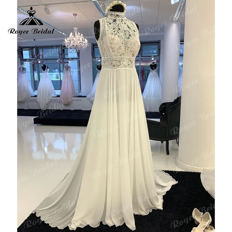 Versatile Women’s Clothing for All Occasions Roycebridal Sleeveless A Line Boho Wedding Dress Beach High Neck Lace Bodice Open Back Sweep 2025 Civil Bridal Gown Chiffon vestido de novia