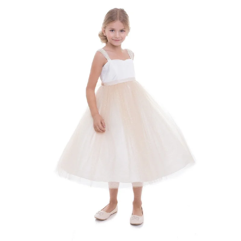 Elegant Attire For The Modern Lady Little Girls Champagne Pearl Shoulder Mesh Flower Girl Dress 2T-6