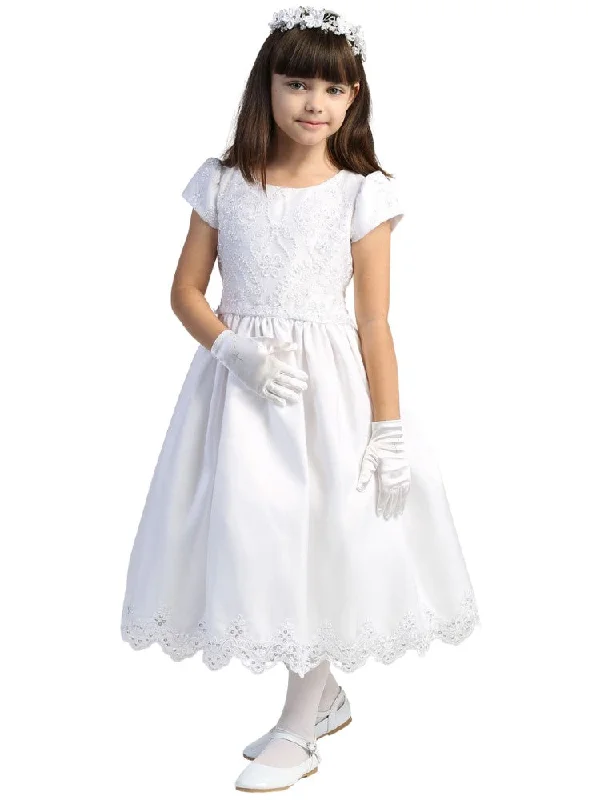 Online Boutiques Clothing Big Girls White Short Sleeve Embroidered Lace Communion Dress 6-12