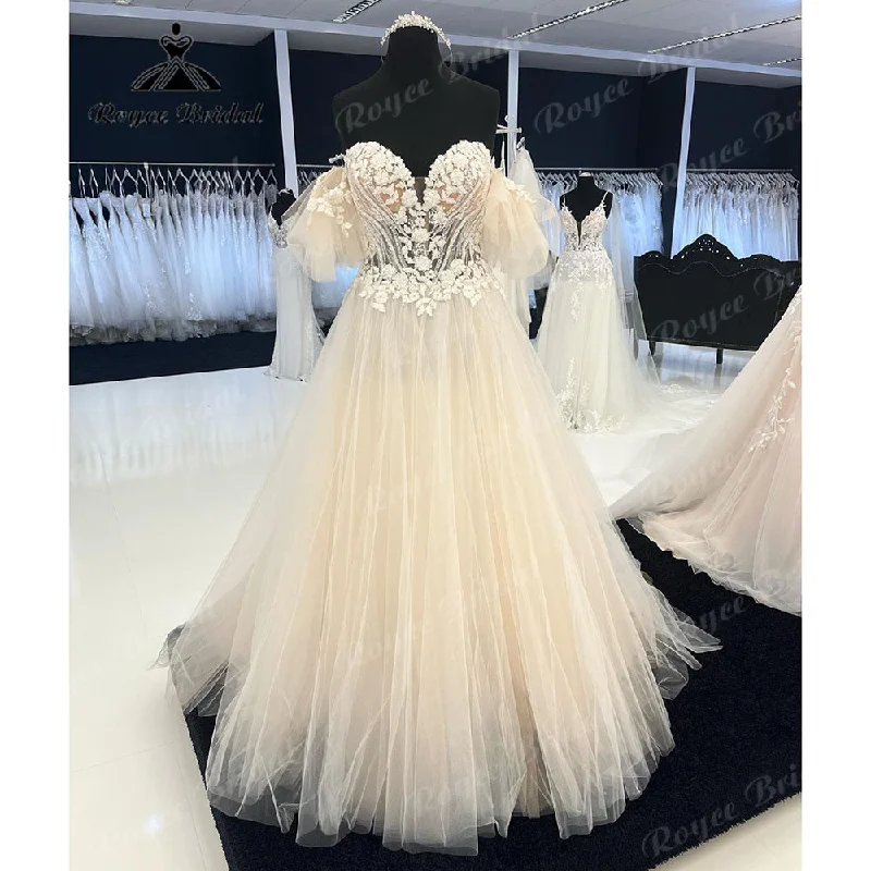 High-Quality Women’s Fashion Dresses Roycebridal Robe Mariee Princess Lace Off Shoulder Wedding Dress with Cap Short Sleeve Sweetheart Neckline Bridal Gown hochzeitskleid 2025