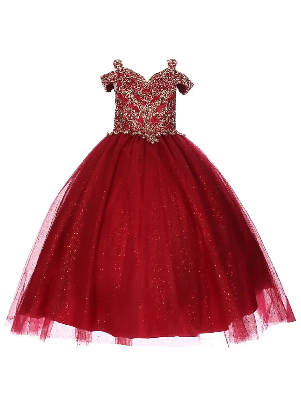 Trendy Attire For Her Bliss Big Girls Burgundy Gold Coiled Rhinestone Off Shoulder Ball Gown 8-16