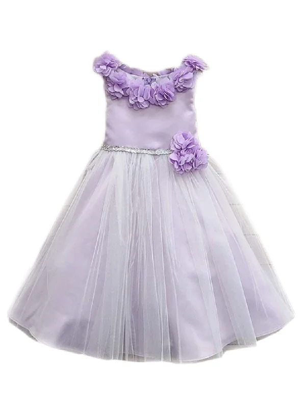 Chic Trend Collection Big Girls Lilac 3D Flower Neckline Rhinestone Belt Dress 8-16