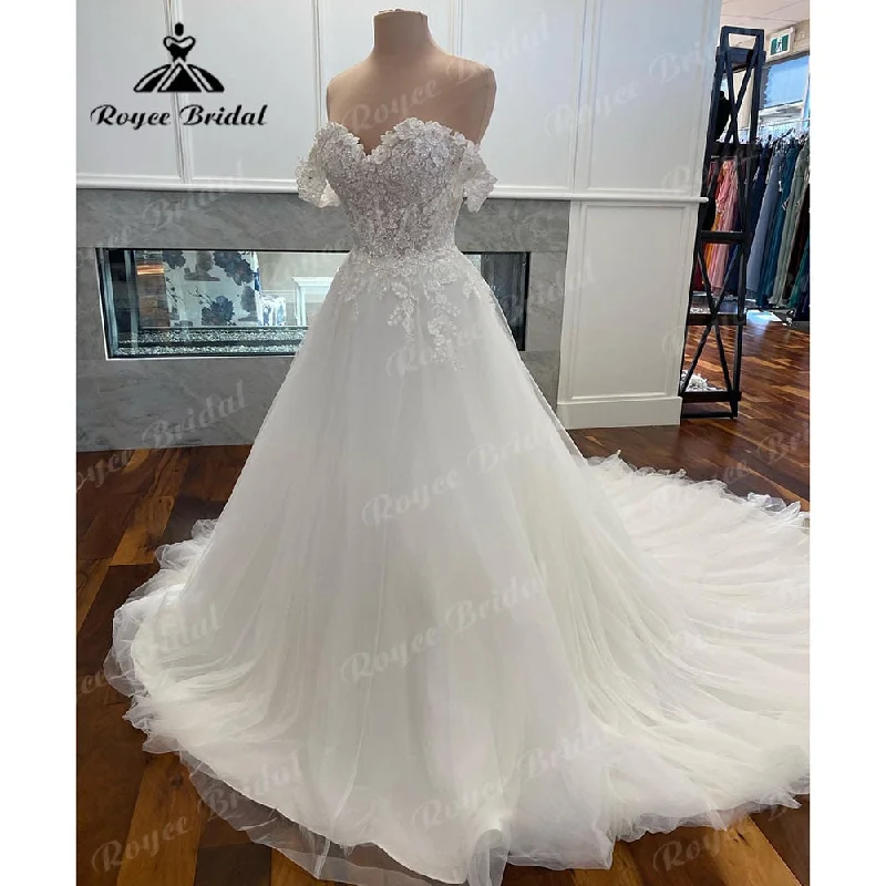 Sophisticated Style Roycebridal A Line Off the Shoulder Lace Floral Princess Cap Sleeve Wedding Dress 2025 Robe Mariee Wedding Gowns for Bride vestido de novia