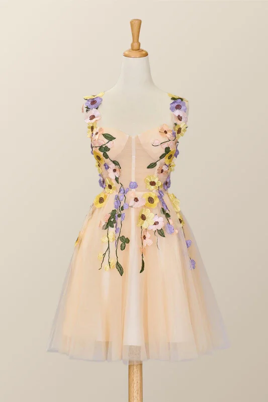 Budget-Friendly Fashion 3D Floral Champagne Tulle Short Dress