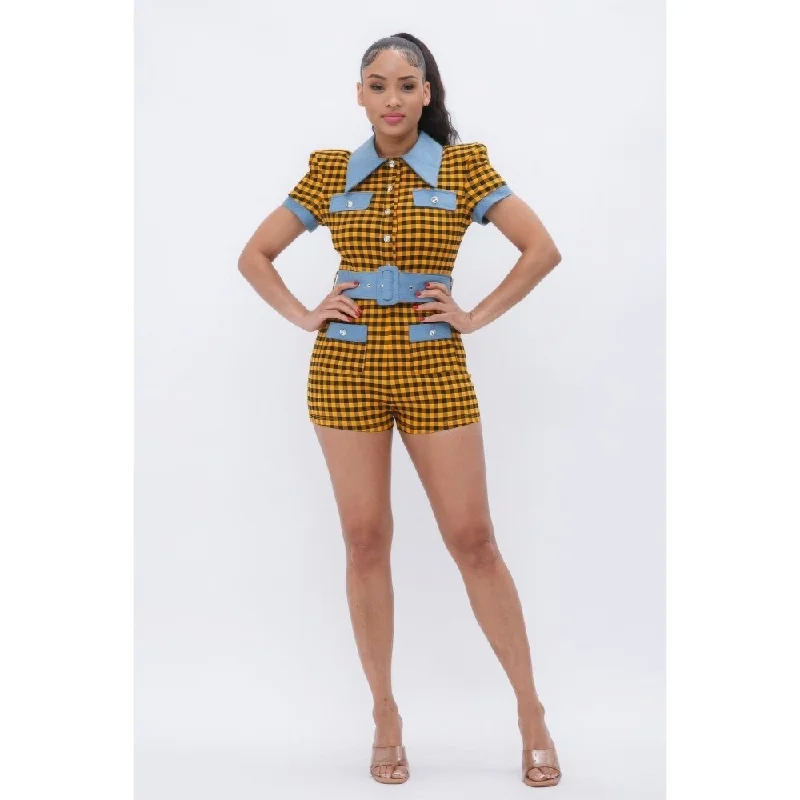 Affordable Online Boutiques Short Sleeves Yellow Plaid Print Denim Romper