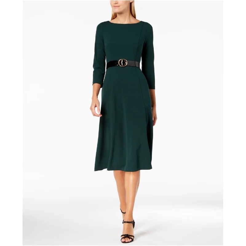 Stylish Statements Calvin Klein Womens Solid Belted Fit & Flare Midi Dress, Green, 2