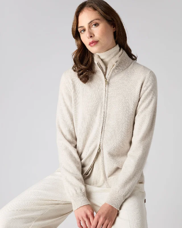 Relaxed Fashion Women's Full Zip Cashmere Jumper With Fur Trim Ecru White