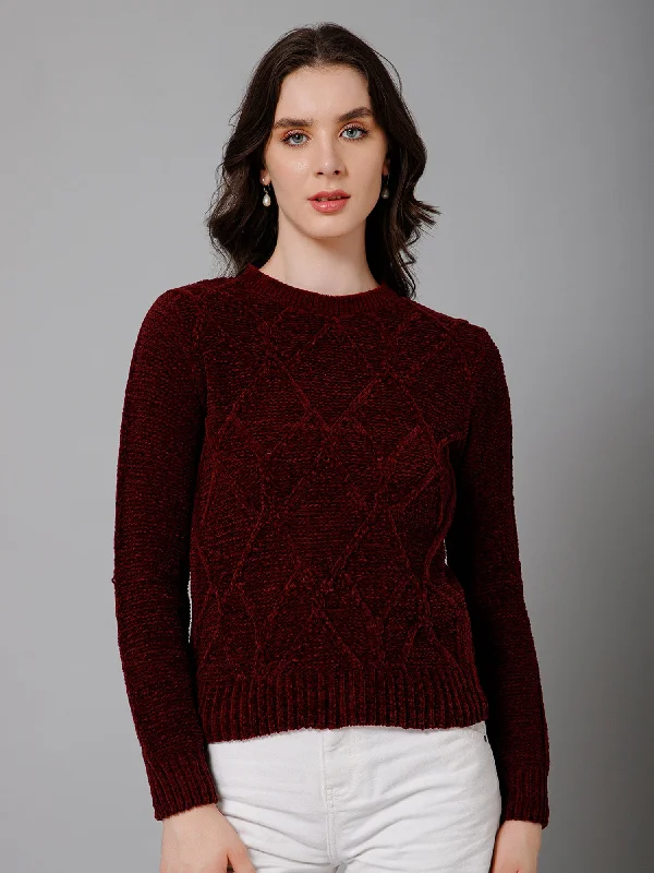 Fashion Forward Women's Casual  Maroon Round neck Pullover Sweater