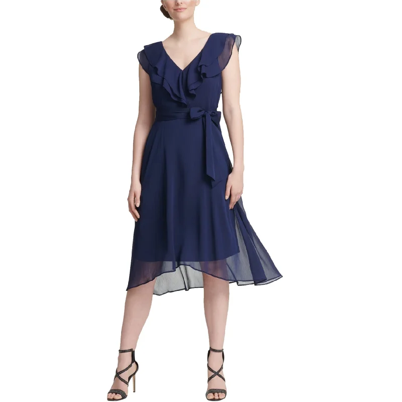 Versatile Wardrobe Essentials DKNY Womens Ruffle Midi Dress, Blue, 16