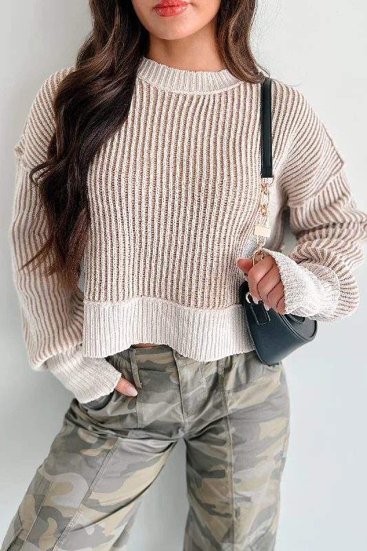 Women's Urban Fashion Look Deeper Two Tone Striped Sweater (Ecru)