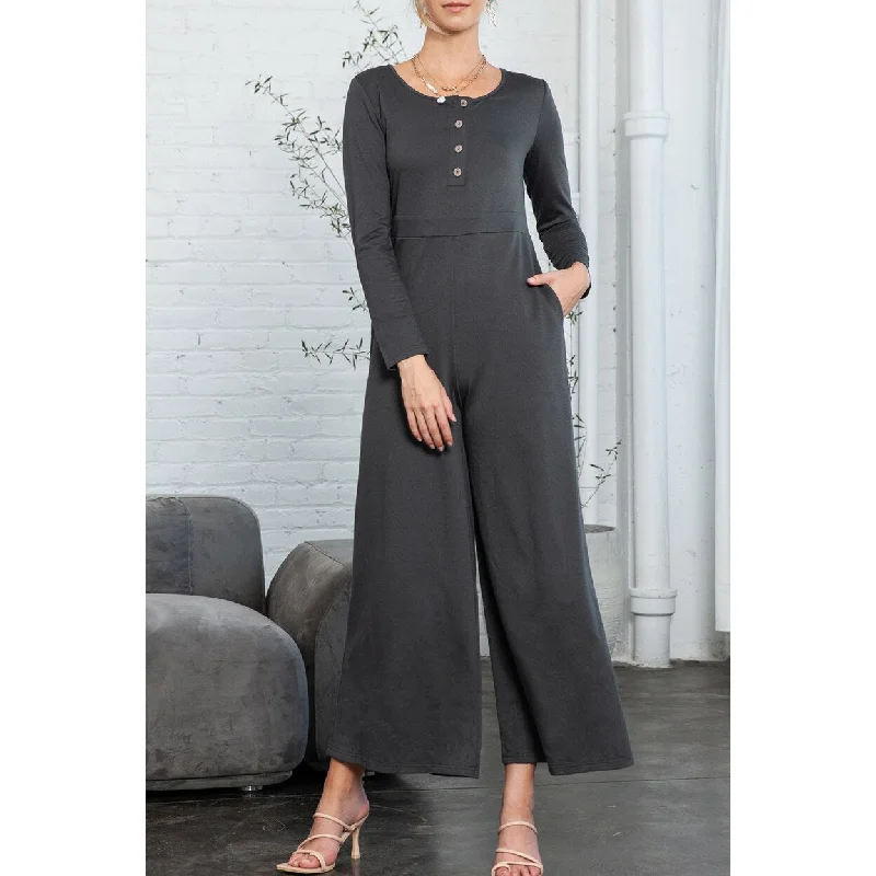 Rocker Chic Fashion Trinity Button Long Sleeve Wide Leg Jumpsuit