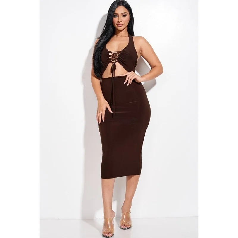 Unleash Your Trendy Side Solid Halter Neck Midi Dress With Criss Cross Front And Cutout