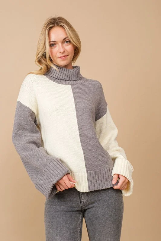 Relaxed Style Divided Opinions Colorblock Cowl Neck Sweater (Heather Grey)