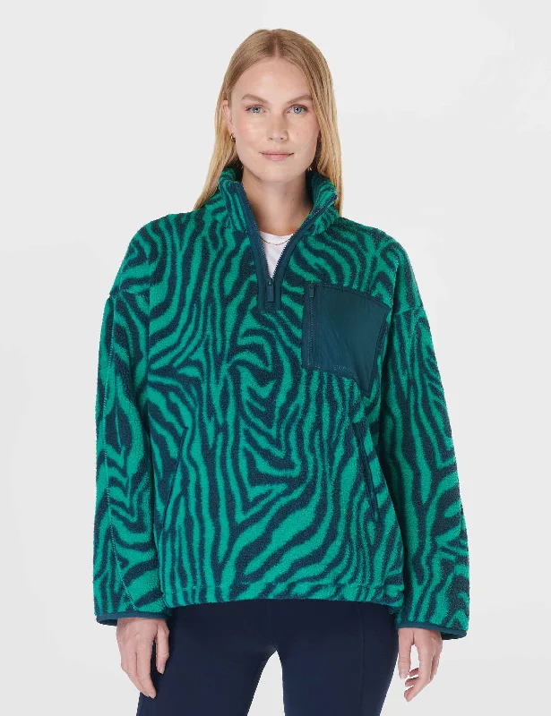 Hot Styles Karma Fleece Half Zip - Green Abstract Zebra Print